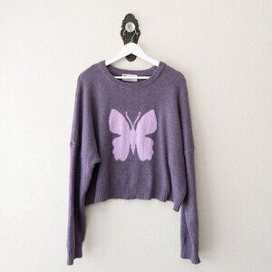 No Boundaries Butterfly Sweater Womens L Oversized Cropped Purple Boxy Y2K